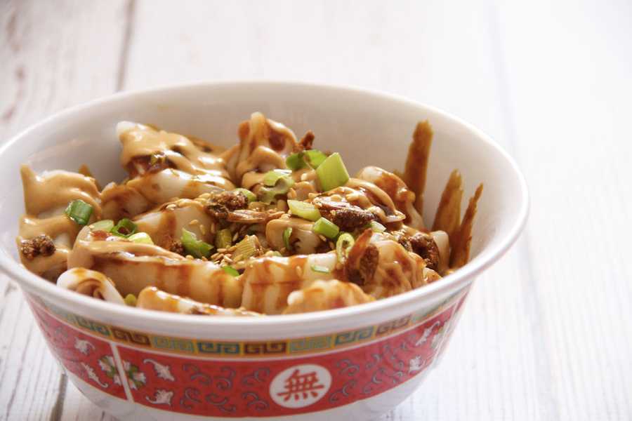 Cheung Fun Noodle Roll with Peanut Butter and Hoisin Sauce East Meets